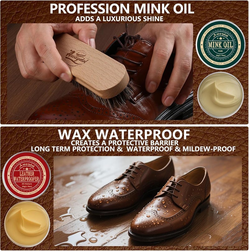 Awaydol 10 PCS Leather Care Kit - Horsehair Brushes,Saddle Soap,Waterproofing Wax,Mink Oil Conditioner,Polishing Cloth,Microfiber cloth,Boot Shoe Shine Cleaning Kit Gift for Men Cowboy Husband Dad ﻿ - Image 5